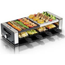 Khg Raclette Izgara RG-1200G, Doğal Izgara Taşlı ve Ters Çevrilebilir Dökme Demir Plakalı, 8 Kişilik Tavalar, Elektrikli Masa Izgarası, 1200 W Sürekli Değişken Sıcaklık Kontrol Cihazı