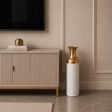 Vien Home Dekoratif Hasır Dokulu Seramik Görünümlü Metal Yer Vazosu Beyaz Gold 50 cm