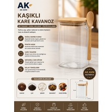 Ak Avm 600 ml Kaşıklı Kare Kavanoz Bambu Kapaklı Vakumlu Saklama Kavanozu Baharat Kahve Şeker
