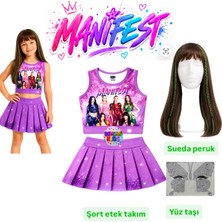 Bemora Kids Manifest Mor Etek Bluz Alt Üst 2 Li Takım Şort Etek Kız Çocuk Alt Üst Takım Manifest Sueda Süeda Yeşil Örgülü Peruk - Yüz Taşı Seti Parti Konser Doğum Günü Plaj Giyim