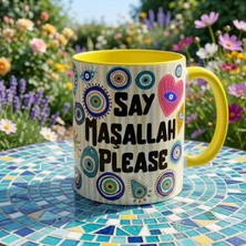 Say Maşallah Please Tasarım Renkli Porselen Kupa, Nazar Boncuk Desenli Hediyelik Kupa