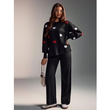 Jinx Wear Fashion Kadın Kalp Süzüne Nakış Günlük Balon Kol Örgü Kazak ve Pantolon Triko 2'li Takımı
