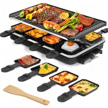 2'si 1 Arada Raclette Izgara, 8 Kişilik Raclette, 1 Ters Çevrilebilir Yapışmaz Izgara Plakası ve 8 Mini Peynirli Raclette Tavası ve 1 Ahşap Spatula ile 1300 W Elektrikli Izgara,