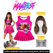 Bemora Kids Manifest Pembe Etek Bluz Alt Üst 2 Li Takım Şort Etek Takım Manifest Esin Peruk - Yüz Taşı Seti - Manifest Topuklu Ayakkabı Parti Konser Doğum Günü Plaj Giyim