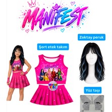 Bemora Kids Manifest Pembe Etek Bluz Alt Üst 2 Li Takım Şort Etek Kız Çocuk Alt Üst Takım Manifest Zoktay Siyah Mavi Peruk - Yüz Taşı Seti Parti Konser Doğum Günü Plaj Giyim