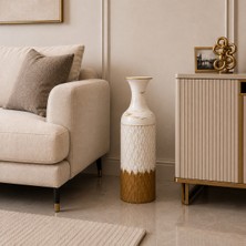 Vien Home Dekoratif Metal Yer Vazosu Seramik Görünümlü Beyaz Gold 66 cm