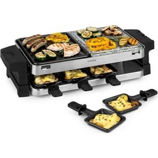 Klarstein Raclette Izgara, 1500 Watt, 2'si 1 Arada: Alüminyum Izgara Plakası ve Doğal Taş Plaka, Paslanmaz Çelik Isıtma Elemanı, Ayarlanabilir Termostat, 8 Kişilik, Çelik Raclette Tavaları