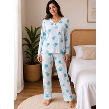 Balis Pijama Kadın Büyük Beden Kadın Çiçek Desenli Uzun Kollu Pijama Takımı Oyalı Yaka Detaylı Ev Giyimi Seti Battal Beden 2'li Model Penye Biye Süslemeli V Yaka Rahat Kesim Ev Giyim Çeyizlik Homewear