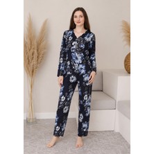 Balis Pijama Kadın Büyük Beden Kadın Çiçek Desenli Uzun Kollu Pijama Takımı Oyalı Yaka Detaylı Ev Giyimi Seti Battal Beden 2'li Model Penye Biye Süslemeli V Yaka Rahat Kesim Ev Giyim Çeyizlik Homewear