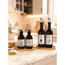6 Lı Set 2 Li Amber Cam 750ML Yağdanlık 2 Adet Cam Sıvı Sabunluk 2 Adet Ahşap Stant