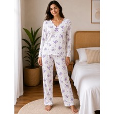 Balis Pijama Kadın Büyük Beden Kadın Çiçek Desenli Uzun Kollu Pijama Takımı Oyalı Yaka Detaylı Ev Giyimi Seti Battal Beden 2'li Model Penye Biye Süslemeli V Yaka Rahat Kesim Ev Giyim Çeyizlik Homewear