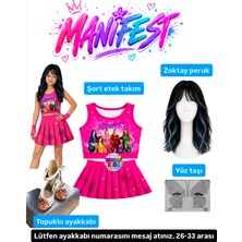 Bemora Kids Manifest Pembe Etek Bluz Alt Üst 2 Li Takım Şort Etek Takım Manifest Zoktay Peruk - Yüz Taşı Seti - Manifest Topuklu Ayakkabı Parti Konser Doğum Günü Plaj Giyim