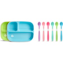 Munchkin 3 Bölmeli Sıçrama Engelleyici Tabak Seti Mavi/yeşil ve Yumuşak Uçlu 6'lırenkli Bebek Kaşıkları 2li Set