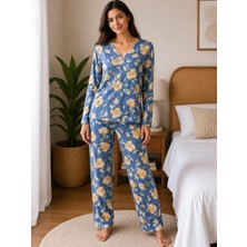 Balis Pijama Kadın Büyük Beden Kadın Çiçek Desenli Uzun Kollu Pijama Takımı Oyalı Yaka Detaylı Ev Giyimi Seti Battal Beden 2'li Model Penye Biye Süslemeli V Yaka Rahat Kesim Ev Giyim Çeyizlik Homewear
