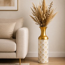 Vien Home Dekoratif Yaprak Desenli Seramik Görünümlü Metal Yer Vazosu Beyaz Gold 66 cm