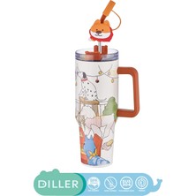 AvantajAl Diller 1200ml Sevimli Hayvanlar Tumbler Pipetli/Pipetsiz Kulplu Paslanmaz Çelik Termos