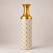 Vien Home Dekoratif Yaprak Desenli Seramik Görünümlü Metal Yer Vazosu Beyaz Gold 84 cm