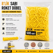 Trendhane 8'lik Sarı Roket Dübel 500 Adet | Güçlü Plastik Duvar Dübeli | Beton, Tuğla ve Gazbeton Için