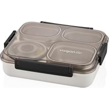 1200ML Lunchbox Tek Katlı 4 Bölmeli ve Kaseli Çelik Sefer Tası Yemek Kutusu (Siyah)