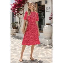 HC Kids Wear Kadın Büyük Beden Penye Çiçek Desenli Kısa Kollu Midi Elbise