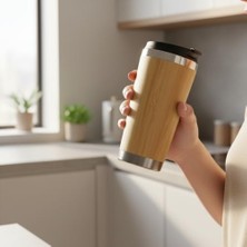 450 ml Bambu Kaplama Tabanlı Çelik Termos - Sıcak ve Soğuk Tutucu Gümüş Renkli Seyahat Bardağı (Mug)