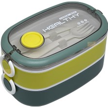 1300ML Lunchbox 2 Katlı 3 Bölmeli Paslanmaz Çelik Sefer Tası Yemek Kutusu (Koyu Yeşil-Fıstık Yeşili)