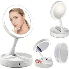 LED Işıklı Makyaj Aynası, 10X Büyüteç, Katlanabilir Tasarım, USB Şarjlı, 15.5cm Çap, Beya