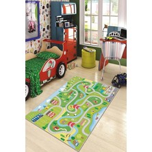 Viva Home Kaymaz Tabanlı Makinede Yıkanır Otoyollu Çocuk Halısı AR792, Yeşil, 120 x 180