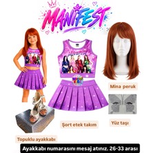 Bemora Kids Manifest Mor Etek Bluz Alt Üst 2 Li Takım Şort Etek Takım Manifest Mina Peruk - Yüz Taşı Seti - Manifest Topuklu Ayakkabı Parti Konser Doğum Günü Plaj Giyim