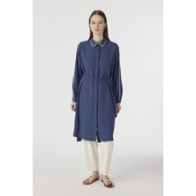 Zühre Biyeli Yaka Kuşaklı Akışkan Form Indigo Tunik 1646