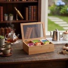 Renas Store Deconox Bambu 6 Bölmeli Çay Kutusu -%100 Orjinal Bambu Mıknatıslı Kapak 21X16,5 X7CM