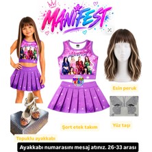 Bemora Kids Manifest Mor Etek Bluz Alt Üst 2 Li Takım Şort Etek Takım Manifest Esin Peruk - Yüz Taşı Seti - Manifest Topuklu Ayakkabı Parti Konser Doğum Günü Plaj Giyim