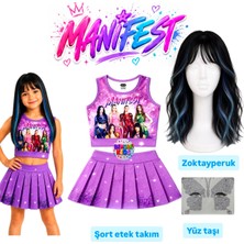 Bemora Kids Manifest Mor Etek Bluz Alt Üst 2 Li Takım Şort Etek Kız Çocuk Alt Üst Takım Manifest Zoktay Siyah Mavi Peruk - Yüz Taşı Seti Parti Konser Doğum Günü Plaj Giyim