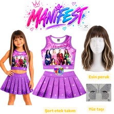 Bemora Kids Manifest Mor Etek Bluz Alt Üst 2 Li Takım Şort Etek Kız Çocuk Alt Üst Takım Manifest Esin Kahverengi Sarı Peruk - Yüz Taşı Seti Parti Konser Doğum Günü Plaj Giyim