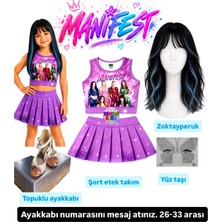 Bemora Kids Manifest Mor Etek Bluz Alt Üst 2 Li Takım Şort Etek Takım Manifest Zoktay Peruk - Yüz Taşı Seti - Manifest Topuklu Ayakkabı Parti Konser Doğum Günü Plaj Giyim