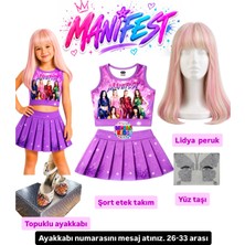 Bemora Kids Manifest Mor Etek Bluz Alt Üst 2 Li Takım Şort Etek Takım Manifest Lidya Peruk - Yüz Taşı Seti - Manifest Topuklu Ayakkabı Parti Konser Doğum Günü Plaj Giyim