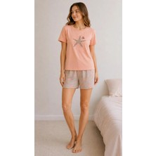 Pijamask Kadın Pamuklu Kısa Kollu Desenli Pijama Takımı