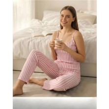 Pijamask Kadın Pembe Çizgili Ip Askılı Altı Uzun Pijama Takım
