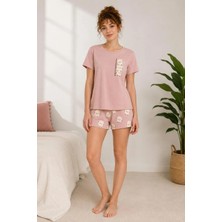 Pijamask Kadın Pudra Pembe Baskılı Kısa Kollu Pijama Takımı