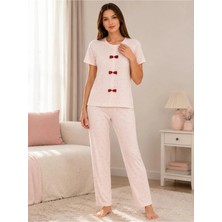 Pijamask Kadın Pudra Pembe Baskılı Kısa Kollu Pijama Takımı