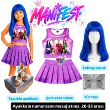 Bemora Kids Manifest Mor Etek Bluz Alt Üst 2 Li Takım Şort Etek Takım Manifest Zoktayy Mavi Peruk - Yüz Taşı Seti - Manifest Topuklu Ayakkabı Parti Konser Doğum Günü Plaj Giyim