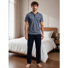 Pijamask Erkek Gri Düğmeli Yaka Pamuklu Uzun Pantolonlu Pijama Takımı Lacivert Alt Rahat Ev Giyim