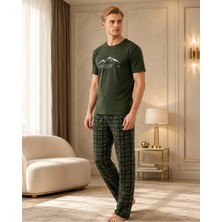 Pijamask Erkek Haki Explore Baskılı Pamuklu Ekose Pantolonlu Uzun Pijama Takımı Rahat Ev Giyim