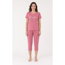 Pijamask Kadın Gül Kurusu Positive Baskılı Kısa Kollu Kapri Pijama Takımı Pamuklu Yazlık Ev Giyimi (P14-50)