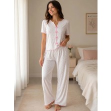 Pijamask Kadın Kurdele Detaylı Desenli Kısa Kollu Pijama Takım