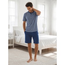Pijamask Erkek Indigo Mavi Düğmeli Yaka Pamuklu Şortlu Pijama Takımı Kısa Kollu Yazlık Ev Giyim