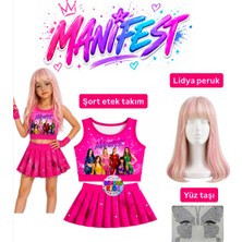Bemora Kids Manifest Pembe Etek Bluz Alt Üst 2 Li Takım Şort Etek Kız Çocuk Alt Üst Takım Manifest Lidya Sarı Pembe Peruk - Yüz Taşı Seti Parti Konser Doğum Günü Plaj Giyim