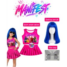 Bemora Kids Manifest Pembe Etek Bluz Alt Üst 2 Li Takım Şort Etek Kız Çocuk Alt Üst Takım Manifest Zoktay Mavi Peruk - Yüz Taşı Seti Parti Konser Doğum Günü Plaj Giyim