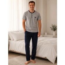 Pijamask Erkek Gri Melanj Düğmeli Yaka Pamuklu Uzun Pantolonlu Pijama Takımı Lacivert Alt Rahat Ev Giyim