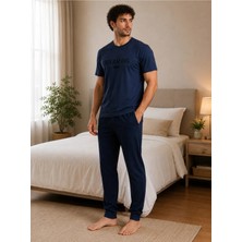 Pijamask Erkek Lacivert Dream Big Baskılı Pamuklu Uzun Pantolonlu Pijama Takımı Rahat Ev Giyim
